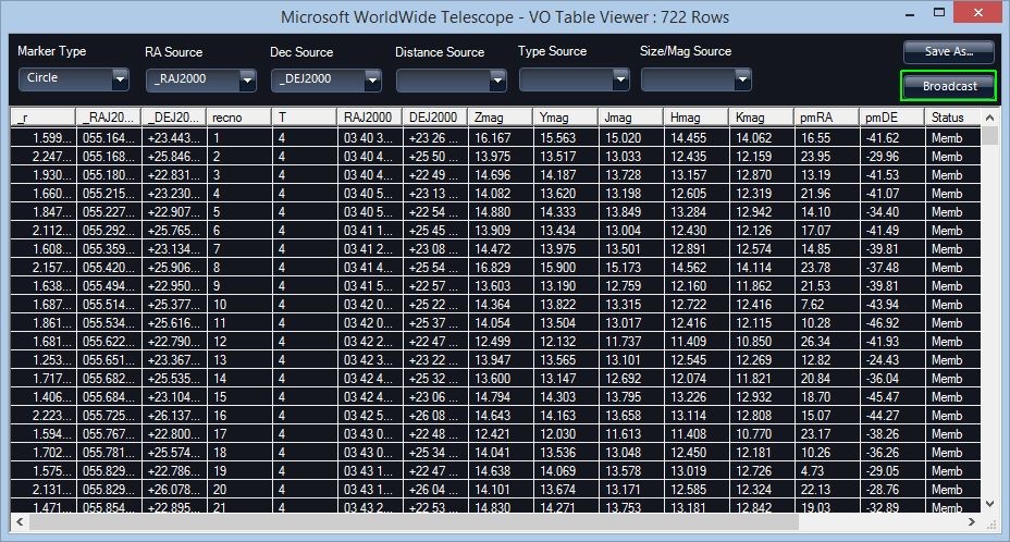 Screenshot of VO Table Viewer